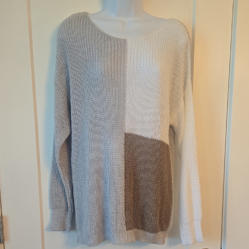 Chic Colorblock Sweater - Gray, White, and Brown